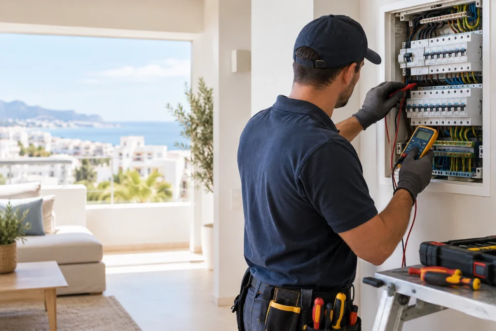 Electricista revisando con un multímetro el cuadro eléctrico de una vivienda junto al mar