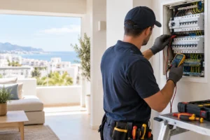 Electricista revisando con un multímetro el cuadro eléctrico de una vivienda junto al mar